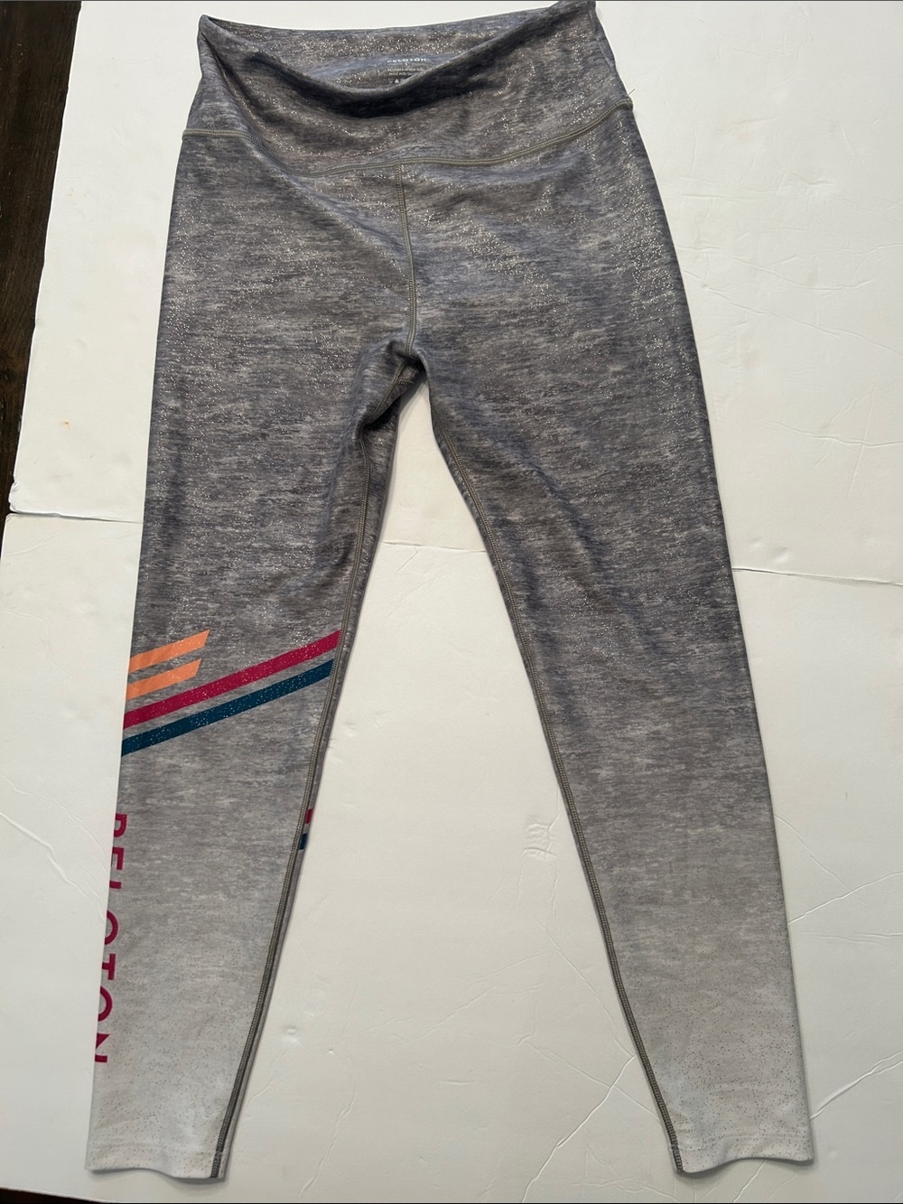 Peloton Heather Gray Leggings with Orange, Pink & Teal Stripe Accents